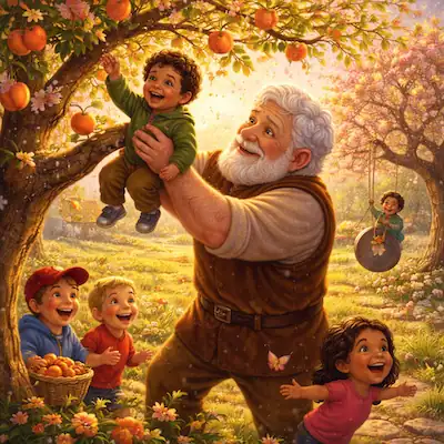 The Selfish Giant cover showing the giant lifting a child in a joyful garden with other children playing