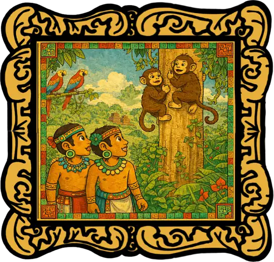 Hunahpu and Xbalanque look up at two monkey brothers clinging to a tree in the jungle