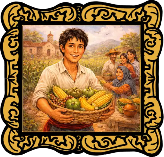 Read Aloud cover for The Lazy Farmer, a Mexican folk tale for kids featuring Tomás holding a basket of harvested crops