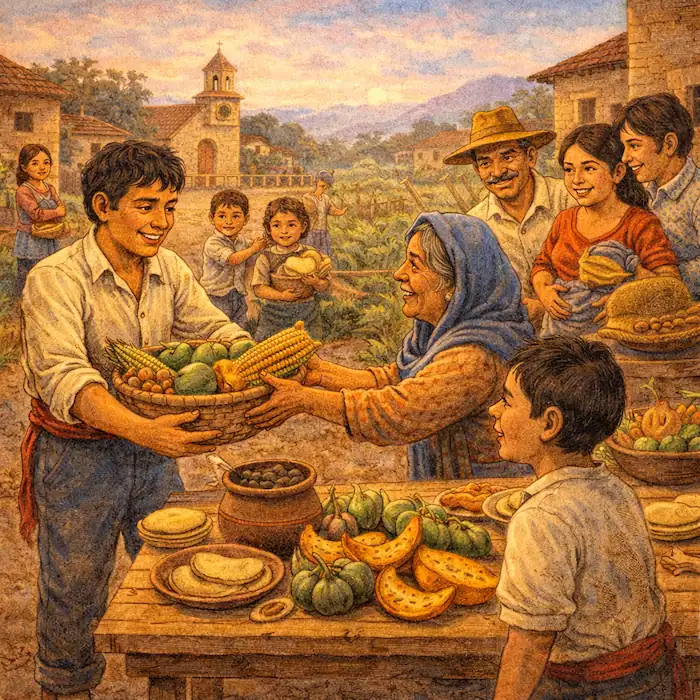 Tomás sharing his harvest with villagers and family during a community meal in The Lazy Farmer