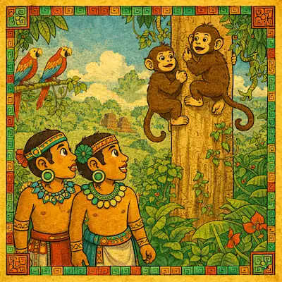 Hunahpu and Xbalanque look up at two monkey brothers clinging to a tree in the jungle