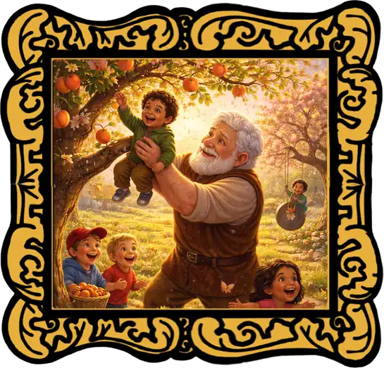 The Selfish Giant read aloud audio image showing the giant lifting a child in a joyful garden framed in gold
