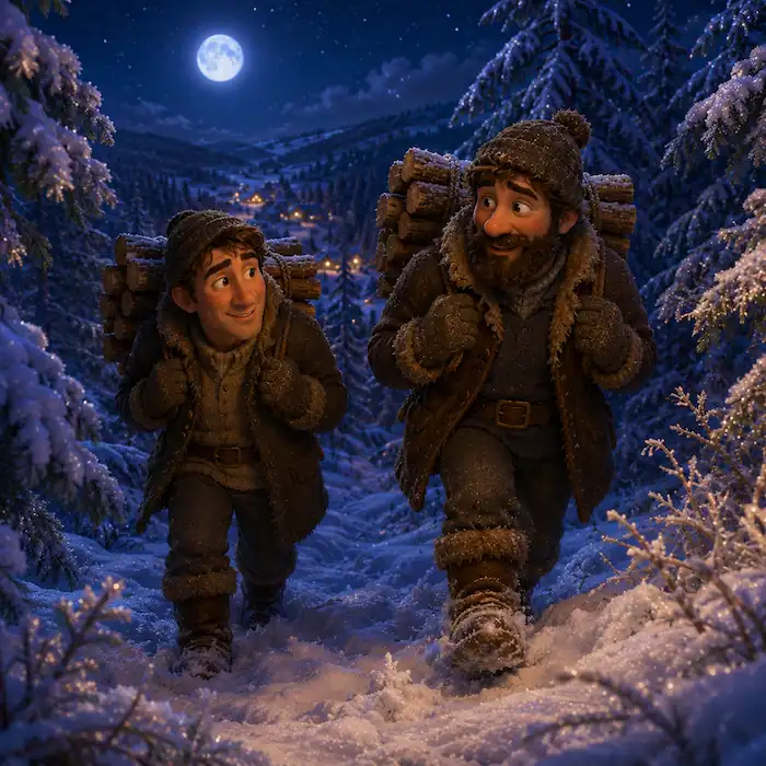 Two poor woodcutters carrying firewood through a snowy pine forest at night with village lights glowing in the valley.