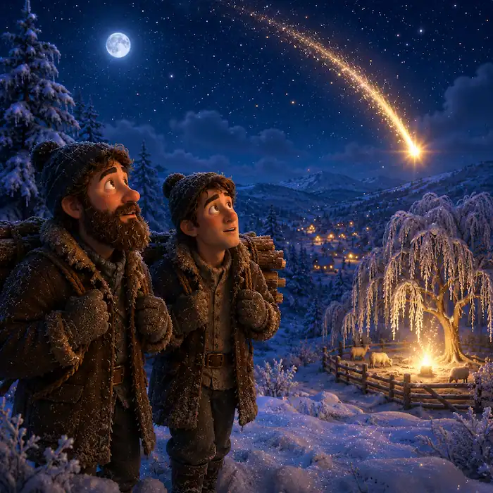 The Star Child by Oscar Wilde scene showing two woodcutters watching a bright star fall near willow trees and a sheepfold.