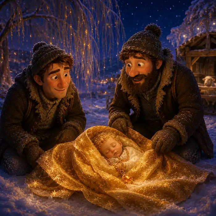 Two woodcutters kneel in the snow beside a sleeping baby wrapped in a golden starry cloak with an amber chain.