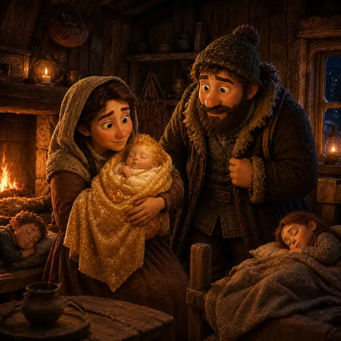 The woodcutter’s wife holds the sleeping baby in the golden cloak beside the warm hearth while children sleep nearby.