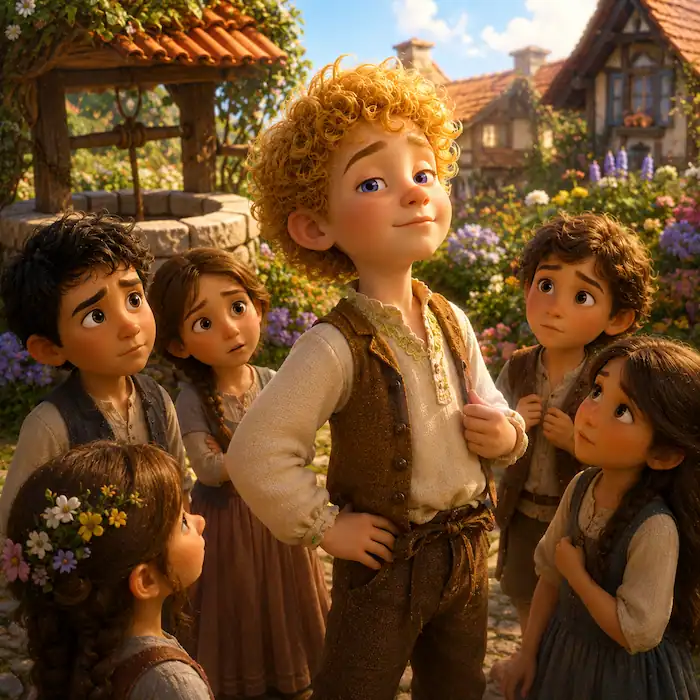 The Star Child stands proudly in a village garden while other children gather around him near a stone well and cottages.