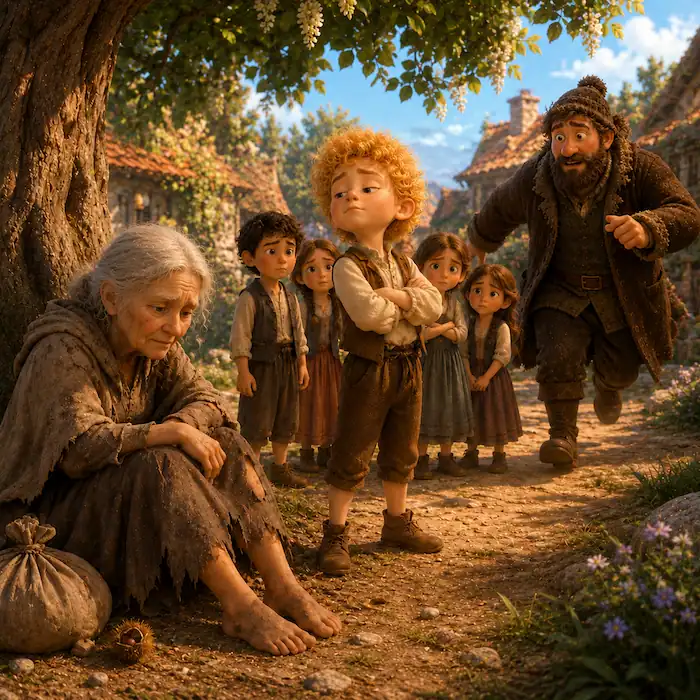 A poor old woman with white hair sits sadly beneath a chestnut tree while the proud Star-Child and village children stand nearby.