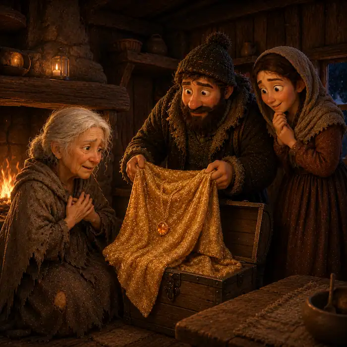 The woodcutter shows the poor old woman the golden cloak and amber chain inside the cottage as she realizes the boy is her son.