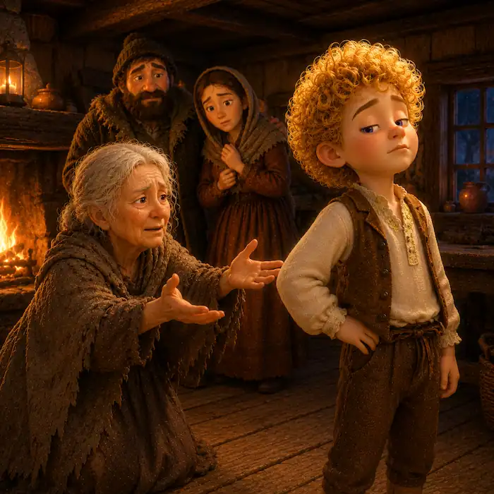 The Star-Child turns away proudly as the poor old woman reaches toward him inside the woodcutter’s cottage.