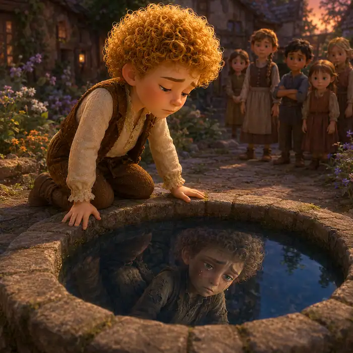 The Star Child by Oscar Wilde scene showing the boy kneeling beside a stone well and seeing his changed reflection in the water.