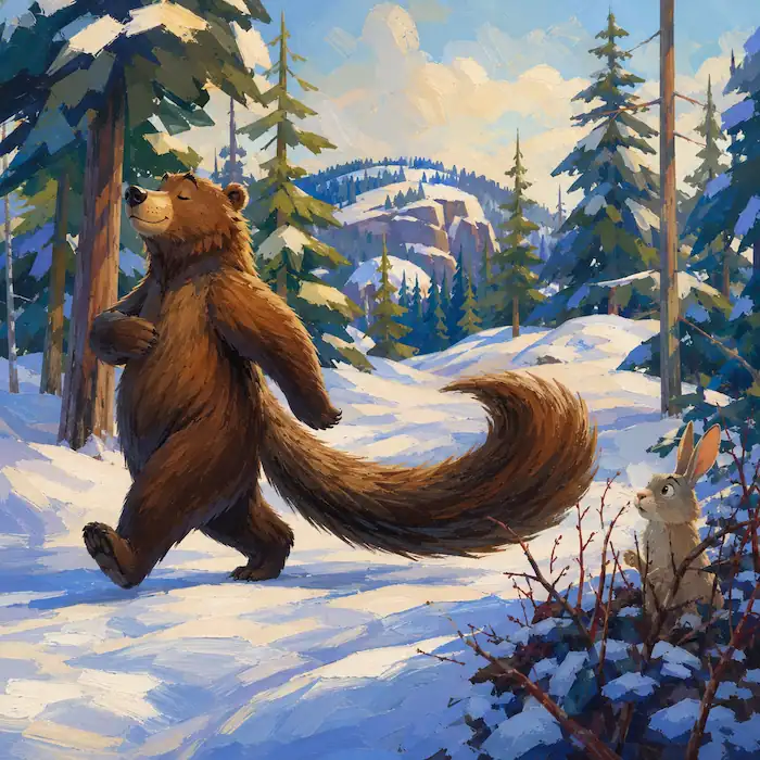 Bear proudly showing his long tail in How the Bear Lost Its Tail as Rabbit watches in a snowy forest