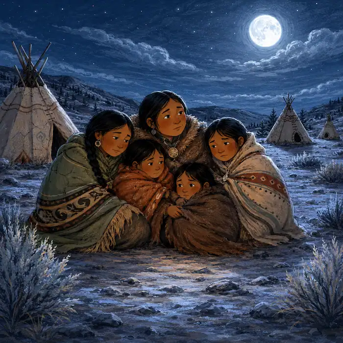 How Coyote Stole Fire scene showing people huddled in the cold before fire reaches their camp