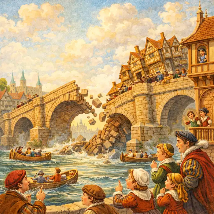 London Bridge is Falling Down scene showing a stone bridge collapsing into the river as townspeople watch