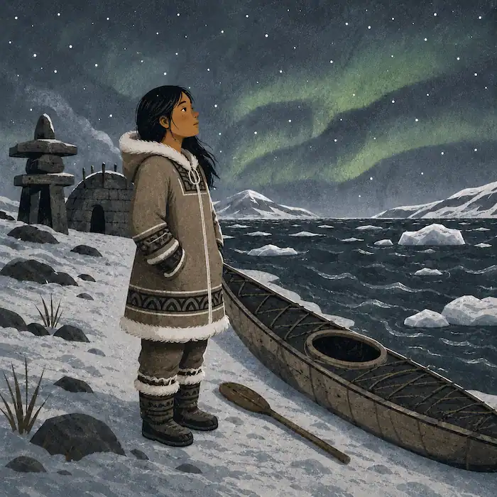 Young Sedna from Sedna Goddess of the Sea stands beside a life-size kayak on an icy Arctic shore under the northern lights.