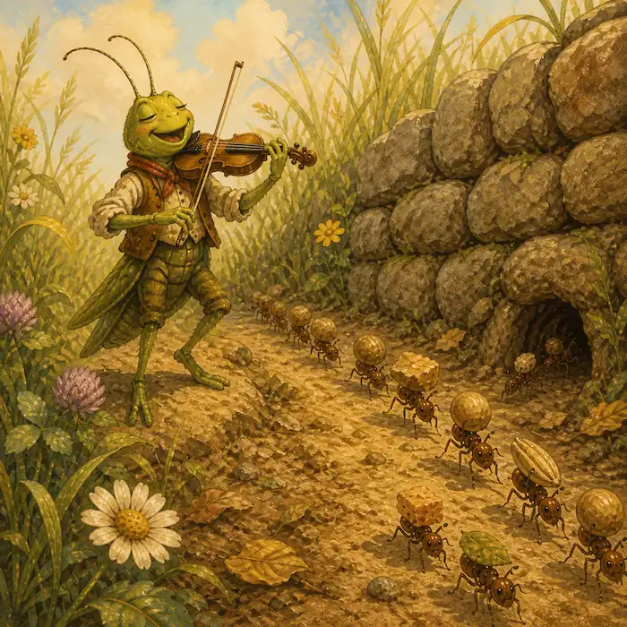 Jasper Grasshopper plays his fiddle while ants carry food toward their storeroom in The Ants & the Grasshopper Aesop’s fable.