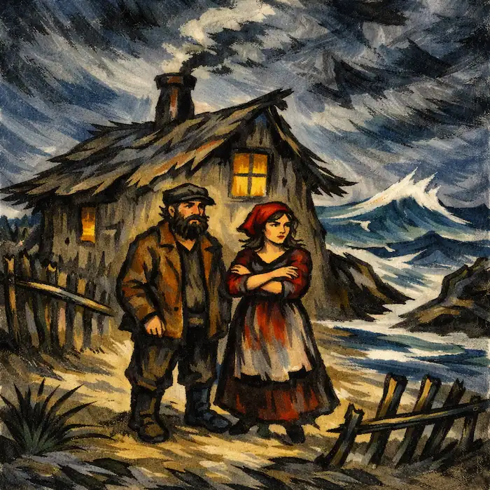 The Fisherman and His Wife by Brothers Grimm showing the fisherman and his wife standing outside a broken seaside hut during a storm