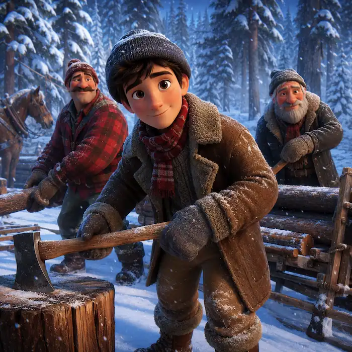 Baptiste, Pierre and Old Henri work as lumberjacks in a snowy Quebec forest in The Flying Canoe story
