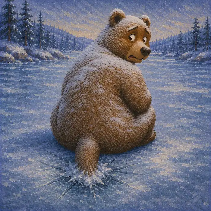 Bear looking worried as the ice freezes around his tail in How the Bear Lost Its Tail
