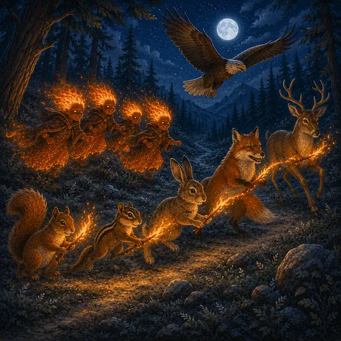 How Coyote Stole Fire scene of animals passing the burning stick through the forest as a team