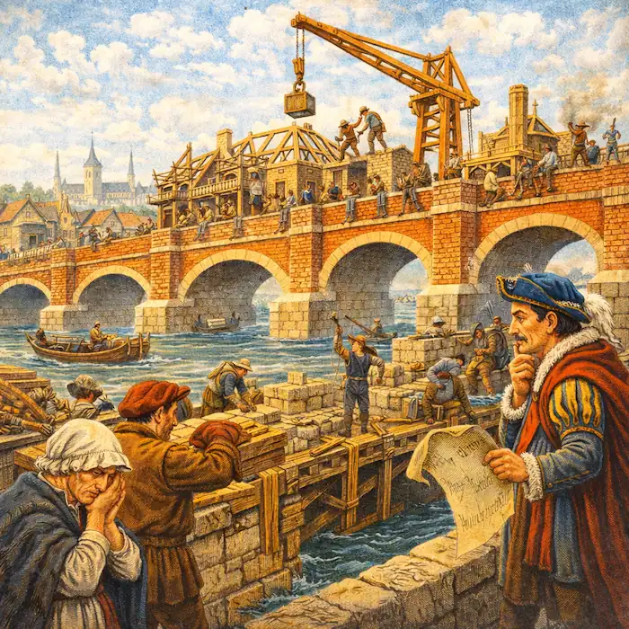 London Bridge is Falling Down scene showing a watchman beside the bridge while repair work continues