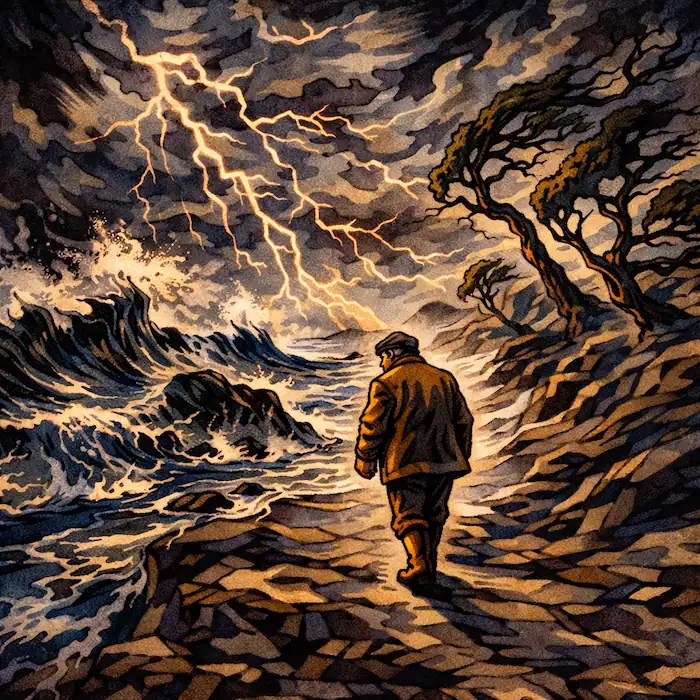 The Fisherman and His Wife Brothers Grimm scene with the fisherman walking along a stormy coast with lightning striking over the sea