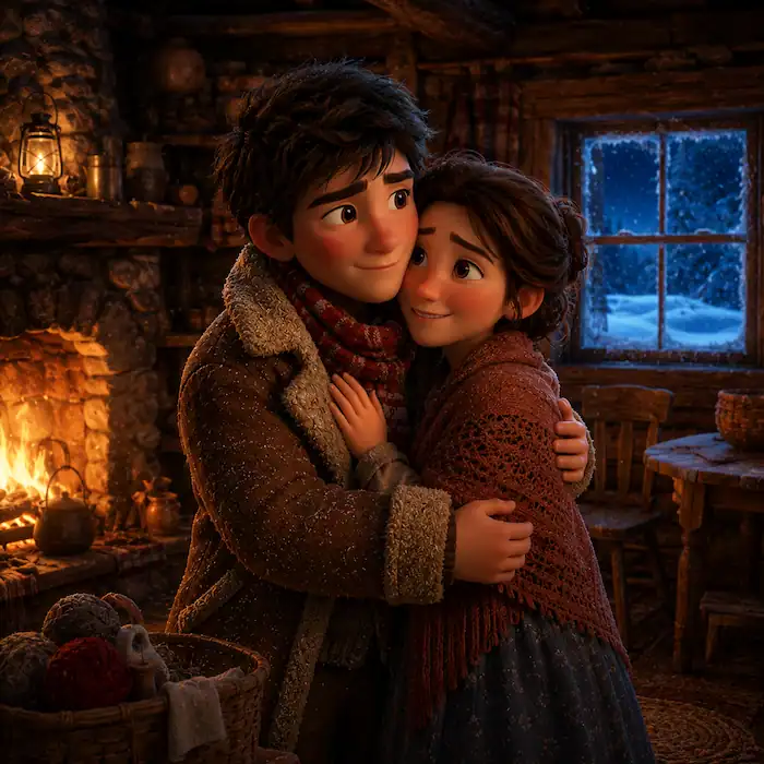 Baptiste embraces Marie beside a warm fireplace after flying home in The Flying Canoe story