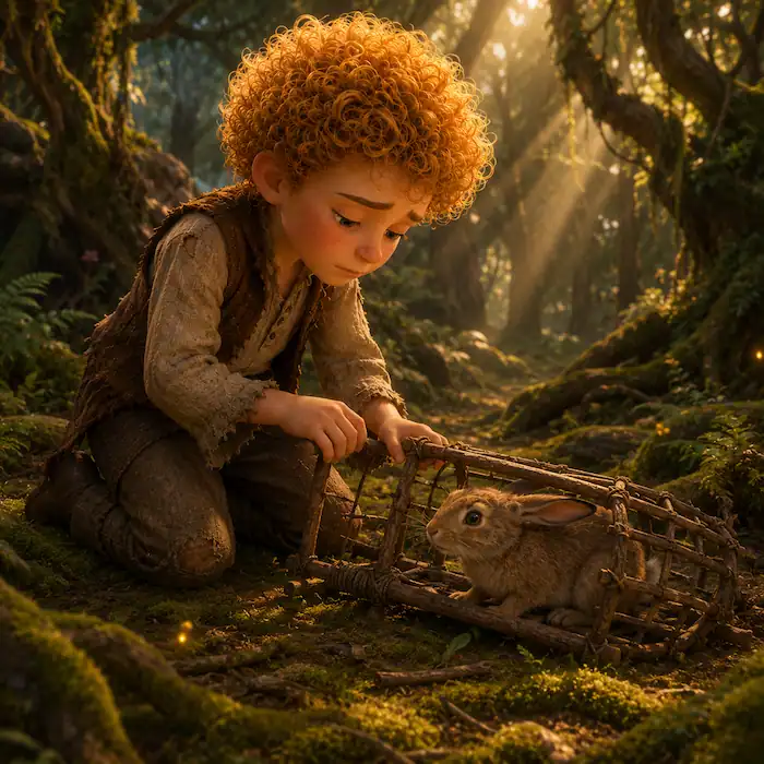 The humbled Star-Child kneels in a forest and gently frees a small hare from a wooden trap.