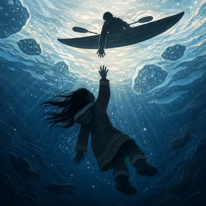 Sedna sinks beneath the Arctic water in silhouette while her father reaches from the kayak above.