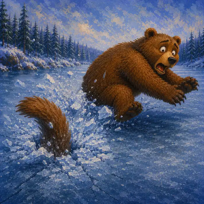 Bear pulling free as his tail snaps in the ice in How the Bear Lost Its Tail