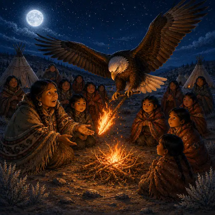 How Coyote Stole Fire illustration of Eagle bringing the burning stick to the waiting people