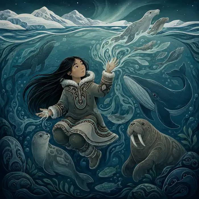 Beneath the Arctic water, Sedna’s fingers magically transform into seals, walruses, whales and fish.