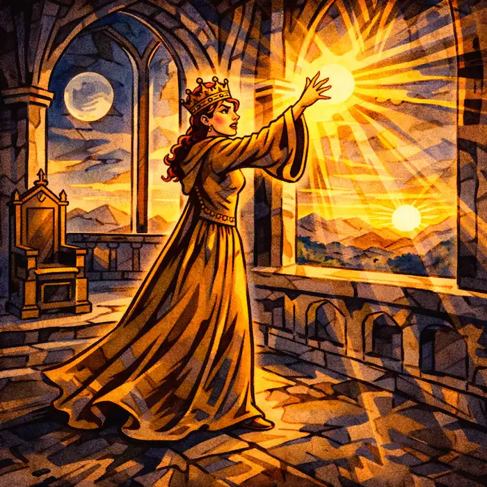The Fisherman and His Wife fairy tale showing the wife reaching toward the sun and moon in a castle window symbolizing ultimate power
