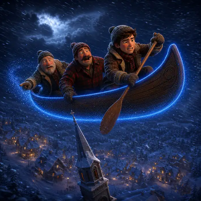 Baptiste struggles to steer the glowing canoe through a snowstorm near a church steeple