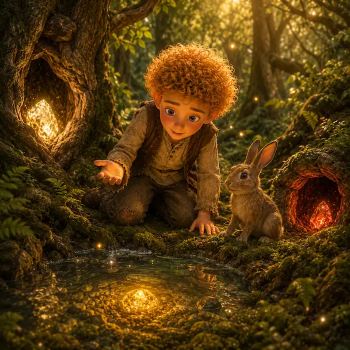 The Star-Child and the helpful hare discover white gold in an oak tree, yellow gold in a pool and red gold in a cave.