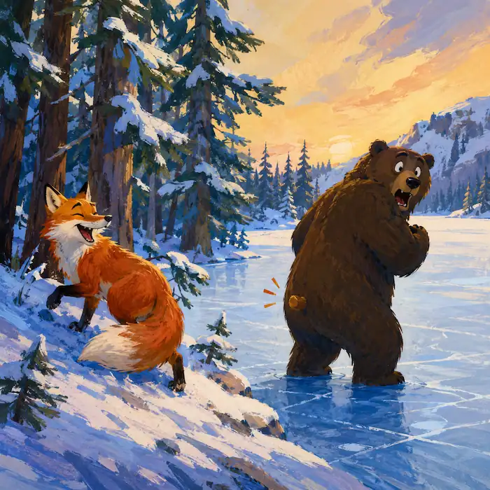 Fox laughing while Bear looks shocked with a short tail in How the Bear Lost Its Tail
