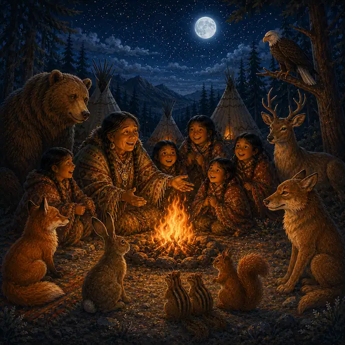 How Coyote Stole Fire ending with people and animals gathered around the first shared campfire