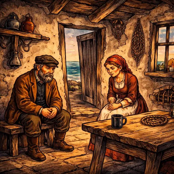 The Fisherman and His Wife Brothers Grimm ending scene showing the couple back inside their poor hut after losing everything