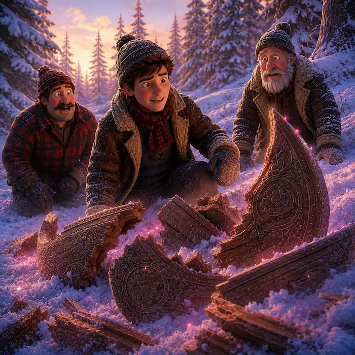 Baptiste, Pierre and Old Henri find the broken magical canoe in the snowy forest after the crash