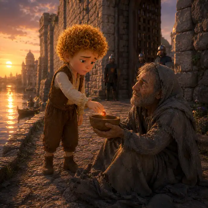 The humbled Star-Child gives a glowing red piece of gold to a poor sick man at the gate of a stone city beside a river.