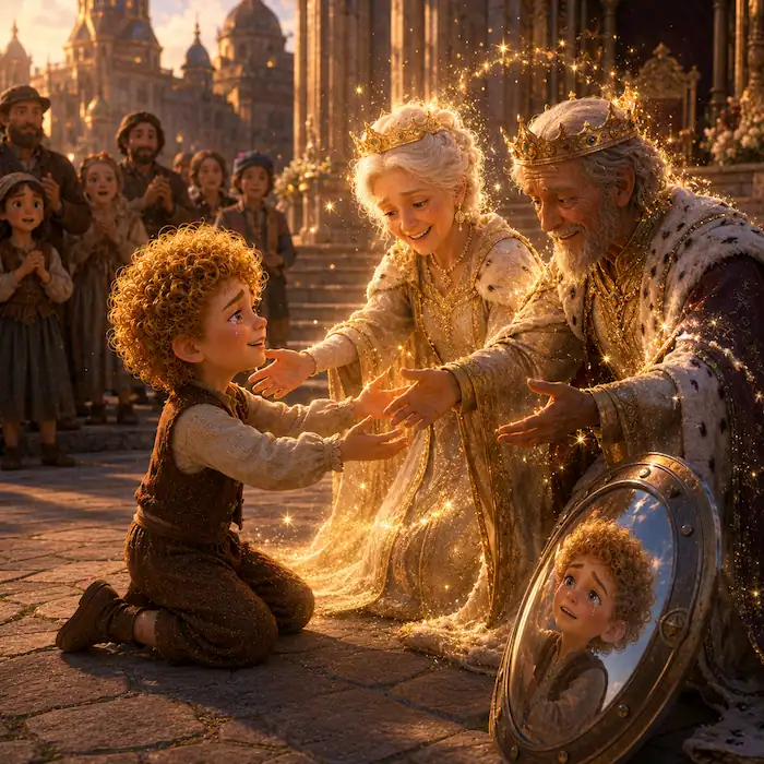The poor woman and poor sick man transform into a queen and king as the tearful Star-Child kneels before them in a palace square.
