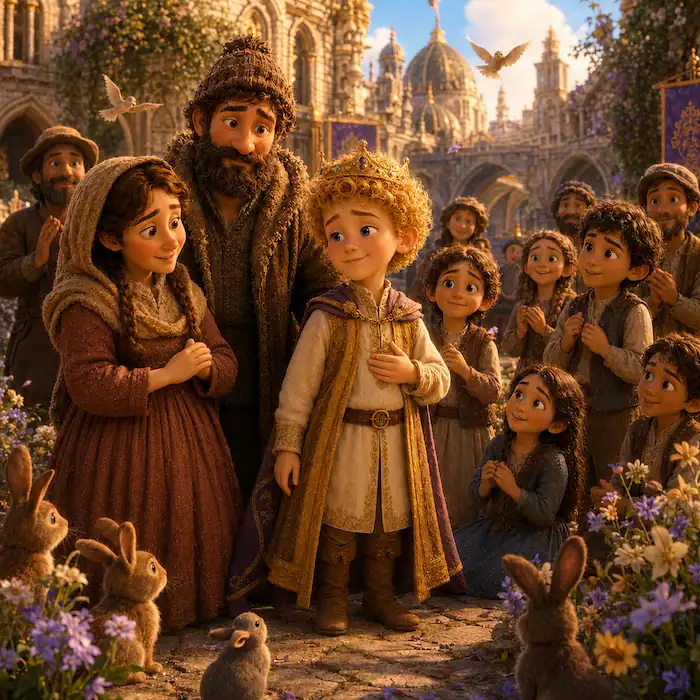 The Star Child by Oscar Wilde ending scene showing the boy as a kind young ruler surrounded by villagers, children and animals.