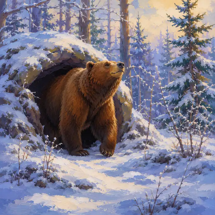 Bear stepping out of his snowy den at the start of How the Bear Lost Its Tail