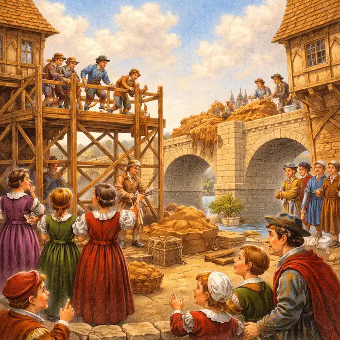 Workers building up London Bridge with wood and clay while children and townspeople watch from the riverbank