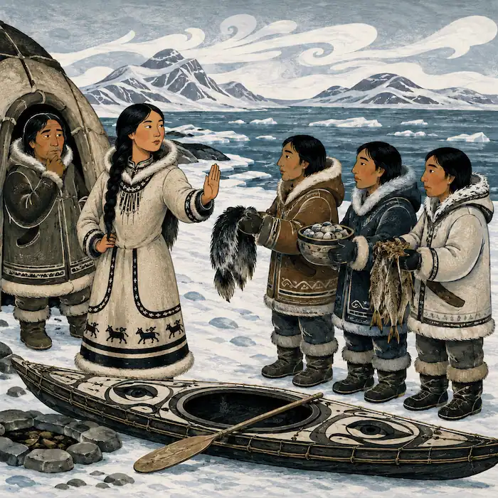 Sedna refuses three hunters offering furs and food while her father watches beside the snowy Arctic sea.