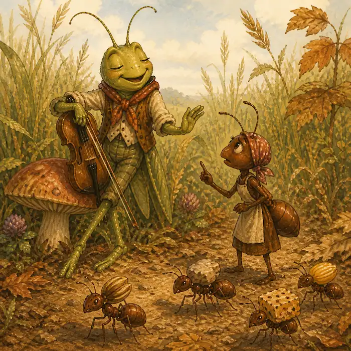 Mina the ant warns Jasper Grasshopper to prepare for winter while other ants carry food in The Ants & the Grasshopper.