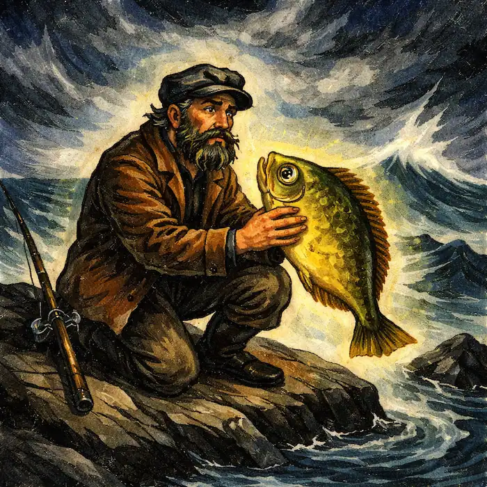 The Fisherman and His Wife Brothers Grimm scene where the fisherman holds a magical flounder on a rocky shore with rough waves behind him