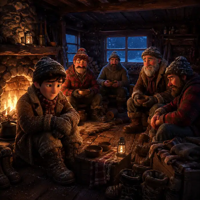 Homesick lumberjacks sit by the fire in a winter cabin in this French Canadian folk tale