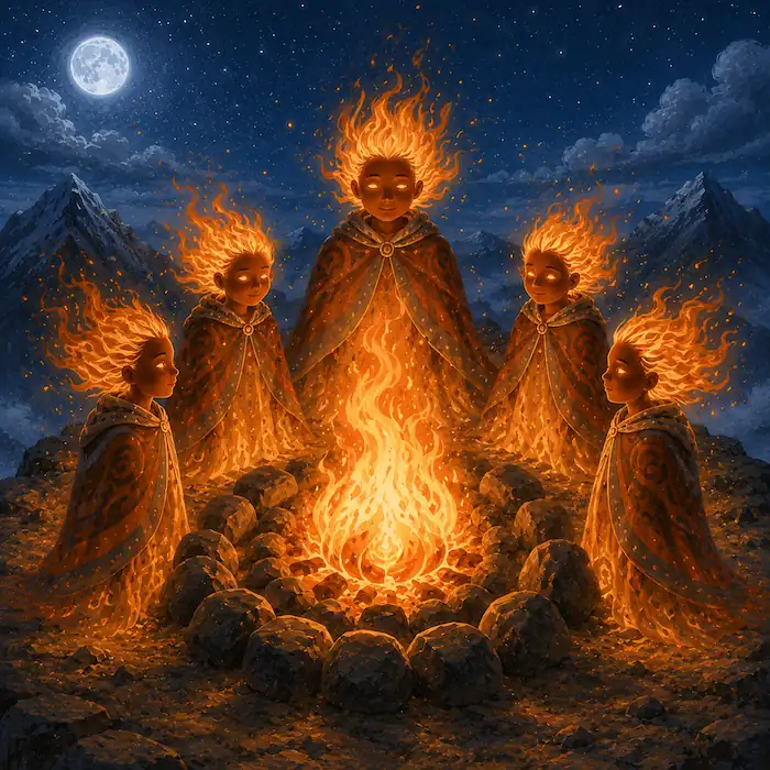 How Coyote Stole Fire scene with magical Fire Beings gathered around the guarded mountain fire