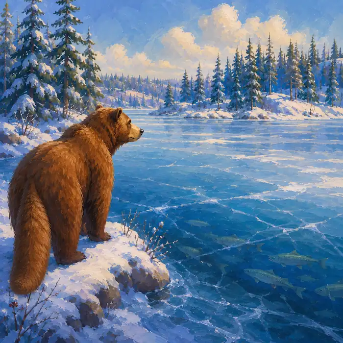 Bear looking across a frozen lake with fish beneath the ice in How the Bear Lost Its Tail